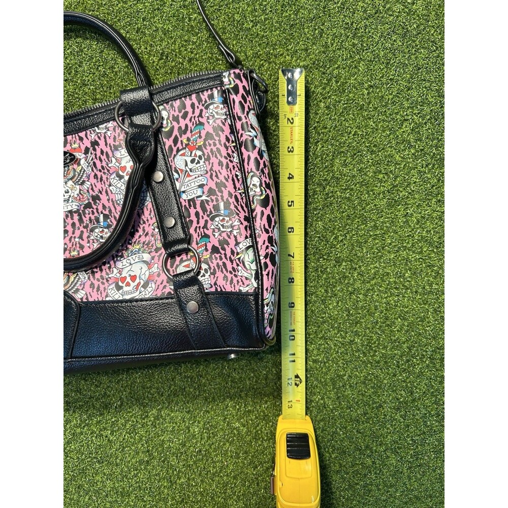 Ed Hardy Pink Leopard Tattoo Skull Rhinestone Satchel Y2K Crossbody Bag EUC!! - Picture 10 of 12